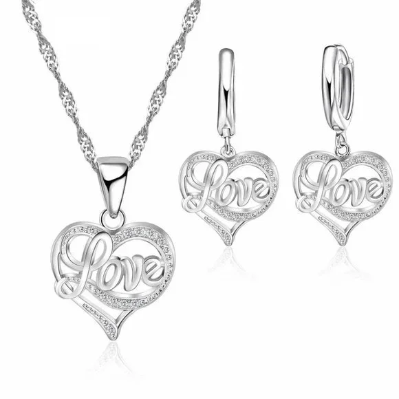 NEW 💎 925 Sterling Silver Earrings And Necklace Set Bundle Heart Gift Day - Picture 1 of 4